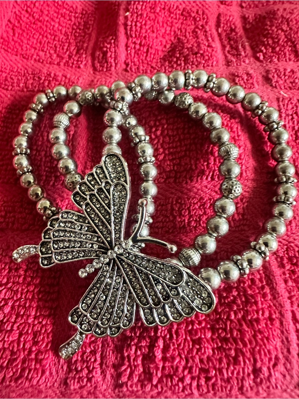 Silver-Tone Butterfly Beaded Stretch Bracelet